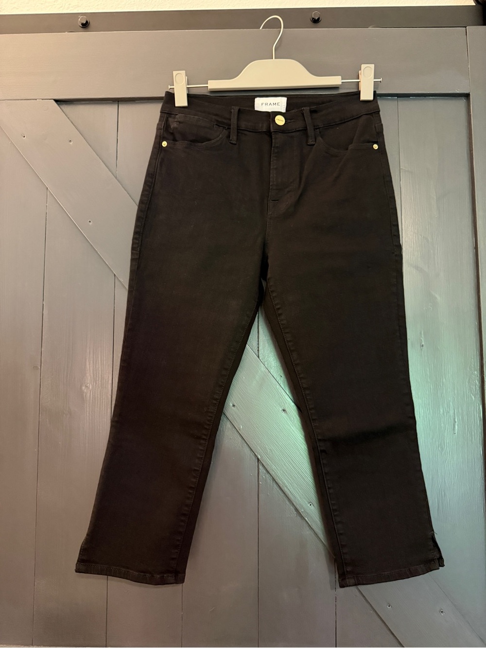 Frame Denim Black Cropped Slim Jeans with Gold Hardware